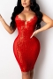 sexy slight stretch sequin decor lace trim with underwire midi dress_Black_Red