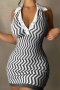 sexy plus size stretch wave knitted backless single-breasted slim mini dress_Black
