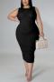 l-4xl plus size sexy high stretch 4 colors crew neck slim midi dress_Black