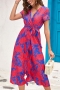 casual plus size non-stretch flower batch printing belt v-neck midi dress_Red