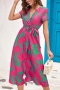 casual plus size non-stretch flower batch printing belt v-neck midi dress_Red_Green