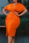 sexy plus size slight stretch 5 colors v-neck with belt midi dress_Black_White_Red_Yellow_Orange