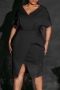 sexy plus size slight stretch 5 colors v-neck with belt midi dress_Black