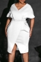 sexy plus size slight stretch 5 colors v-neck with belt midi dress_Black_White