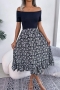 stylish slight stretch floral batch printing off-the-shoulder midi dress_Black
