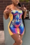 sexy plus size slight stretch slim printing adjustable sling mini dress_Magenta_Yellow