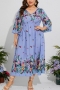 casual plus size non-stretch chiffon flowers batch printing midi dress_Pink_Haze Blue