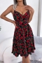 sexy floral batch printing non-stretch hollow lace-up sling midi dress_Black