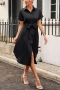 casual stretch lace-up button simple shirt midi dress_Black