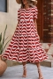 casual non-stretch wavy line printing loose midi dress_Red
