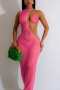 sexy solid color slight stretch hollow midi dress(with underwear, no padded)_Black_Magenta
