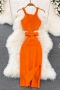 sexy 7 colors knitted stretch cutout sling slit slim midi dress_Black_White_Magenta_Orange