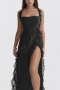 sexy slight stretch ruffle slit midi dress_Black