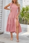casual slight stretch shirring lace-up one shoulder midi dress_Black_White_Pink