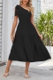 casual slight stretch shirring lace-up one shoulder midi dress_Black