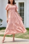 casual slight stretch puff sleeves shirring loose midi dress_Black_White_Pink