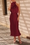 stylish slight stretch solid color satin zip-up sleeveless midi dress_Black_Pink_Rose Red