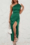sexy solid color non-stretch one shoulder zip-up slit backless maxi dress_Red_Green