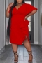 stylish l-4xl plus size stretch solid color v-neck ruffle slit midi dress_Black_Red