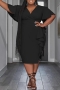 stylish l-4xl plus size stretch solid color v-neck ruffle slit midi dress_Black