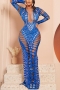 sexy plus size 5 colors stretch hollow rhinestone mesh spliced slim maxi dress_Black_Orange_Green_Blue