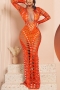 sexy plus size 5 colors stretch hollow rhinestone mesh spliced slim maxi dress_Black_Orange