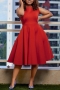 casual slight stretch solid color sleeveless zip-up midi a-line dress_Red