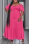 casual plus size non-stretch solid color drawstring zip-up loose maxi dress_Black_Magenta