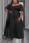 casual plus size non-stretch solid color drawstring zip-up loose maxi dress_Black