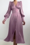 casual non-stretch satin 9 colors v-neck button slit midi dress_Black_White_Rose Red_Green_Dark Green_Dark Blue_Purple