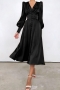 casual non-stretch satin 9 colors v-neck button slit midi dress_Black