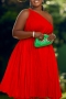 bohemian plus size non-stretch one shoulder pleated midi dress with belt_White_Red