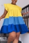 casual plus size non-stretch color-block ruffle zip-up loose mini dress_Pink_Yellow