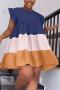 casual plus size non-stretch color-block ruffle zip-up loose mini dress_Pink_Yellow_Dark Blue
