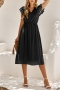 casual 5 colors slight stretch ruffle v-neck single-breasted lined midi dress_Black
