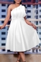 casual plus size slight stretch solid color one shoulder midi dress_White