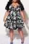 casual non-stretch plus size floral batch printing kink midi dress_Black