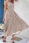 casual slight stretch stripe shirring midi dress_Black_Dark Gray_Dark Green_Blue_Dark Blue_Khaki 