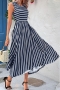 casual slight stretch stripe shirring midi dress_Black_Dark Gray_Dark Green_Blue_Dark Blue