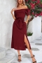 casual slight stretch slit off the shoulder pocket with belt slit midi dress_Black_Dark Gray_Rose Red