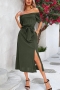 casual slight stretch slit off the shoulder pocket with belt slit midi dress_Black_Dark Gray_Rose Red_Green_Dark Green