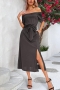 casual slight stretch slit off the shoulder pocket with belt slit midi dress_Black_Dark Gray