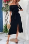 casual slight stretch slit off the shoulder pocket with belt slit midi dress_Black