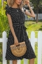 casual plus-size non-stretch polka dots with belt pleated midi dress_Black