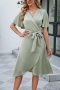 bohemian plus size non-stretch satin 4 colors v-neck midi dress with belt_Pink_Light Green