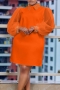 stylish plus size slight stretch mesh spliced orange rhinestone pearl midi dress_Black_White_Yellow_Orange