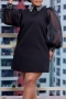 stylish plus size slight stretch mesh spliced orange rhinestone pearl midi dress_Black