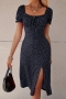 sexy slight stretch polka dots slit shirring midi dress_Black