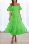 sexy slight stretch chiffon lattice puff sleeves shirring loose midi dress_Black_Magenta_Yellow_Aqua Green_Green