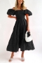 sexy slight stretch chiffon lattice puff sleeves shirring loose midi dress_Black